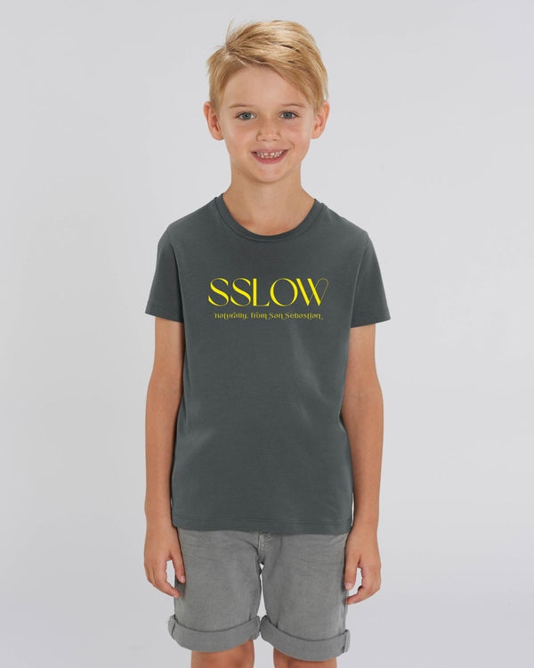 Camiseta niño gris antracita logo amarillo h en algodón orgánico certificado