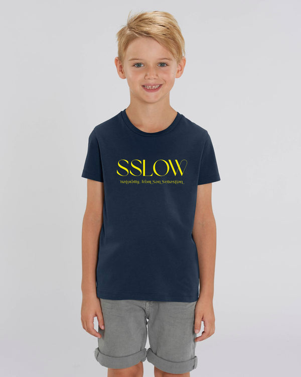 Camiseta niño azul logo amarillo h en algodón orgánico certificado