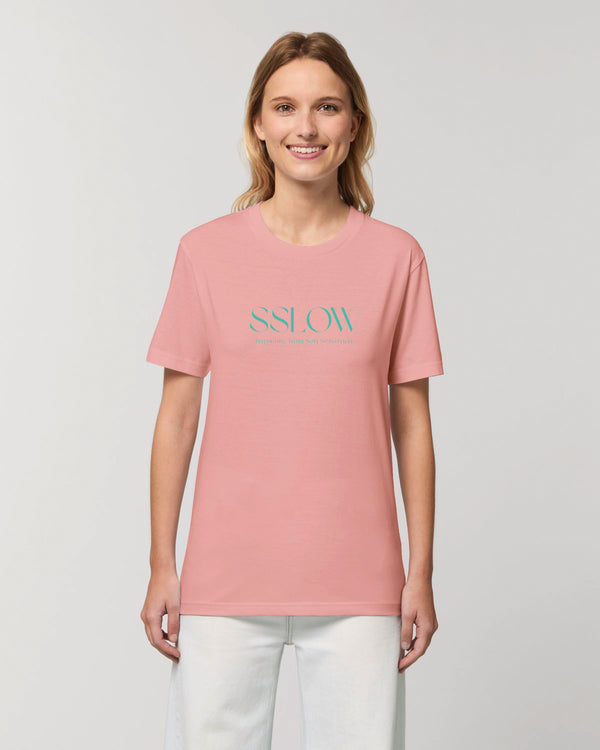 Camiseta rosa logo turquesa h en algodón orgánico certificado